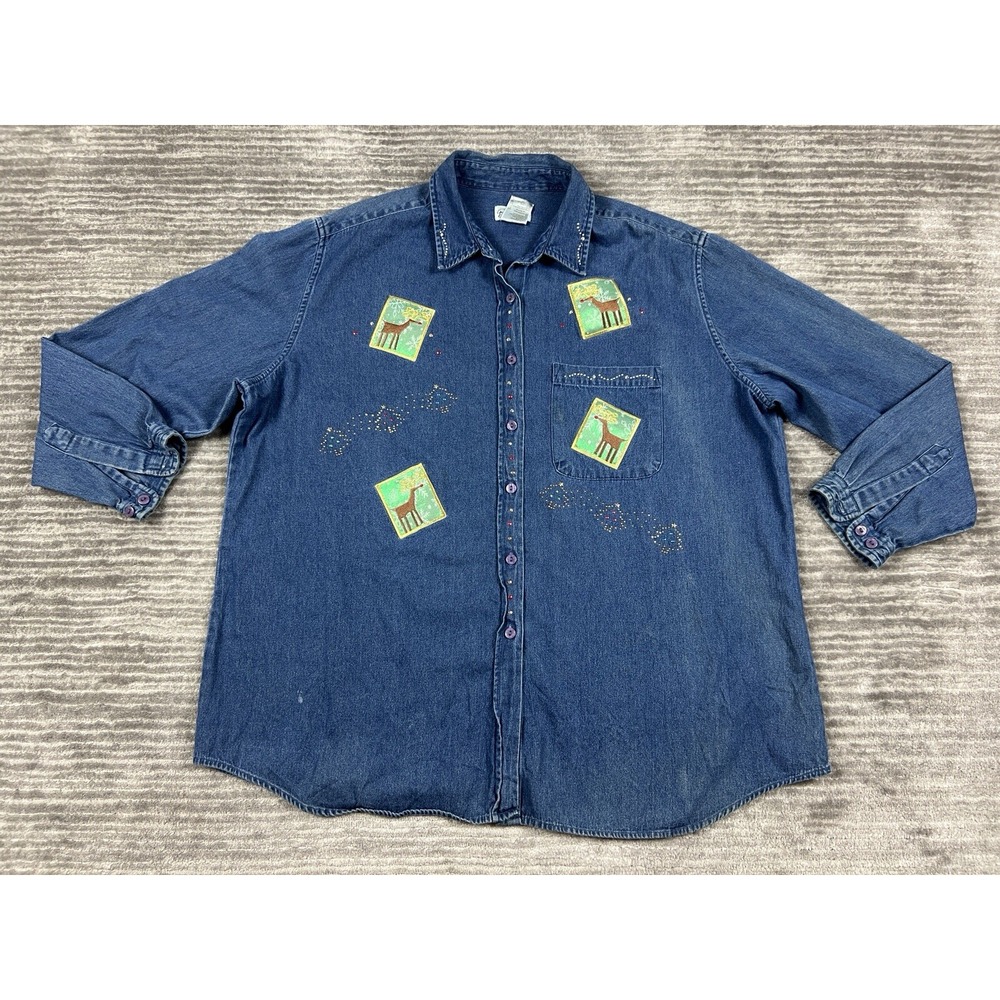 Bobbie Brooks Top Womens 22w/24w Blue Dark Wash Button Up Long Sleeve Christmas